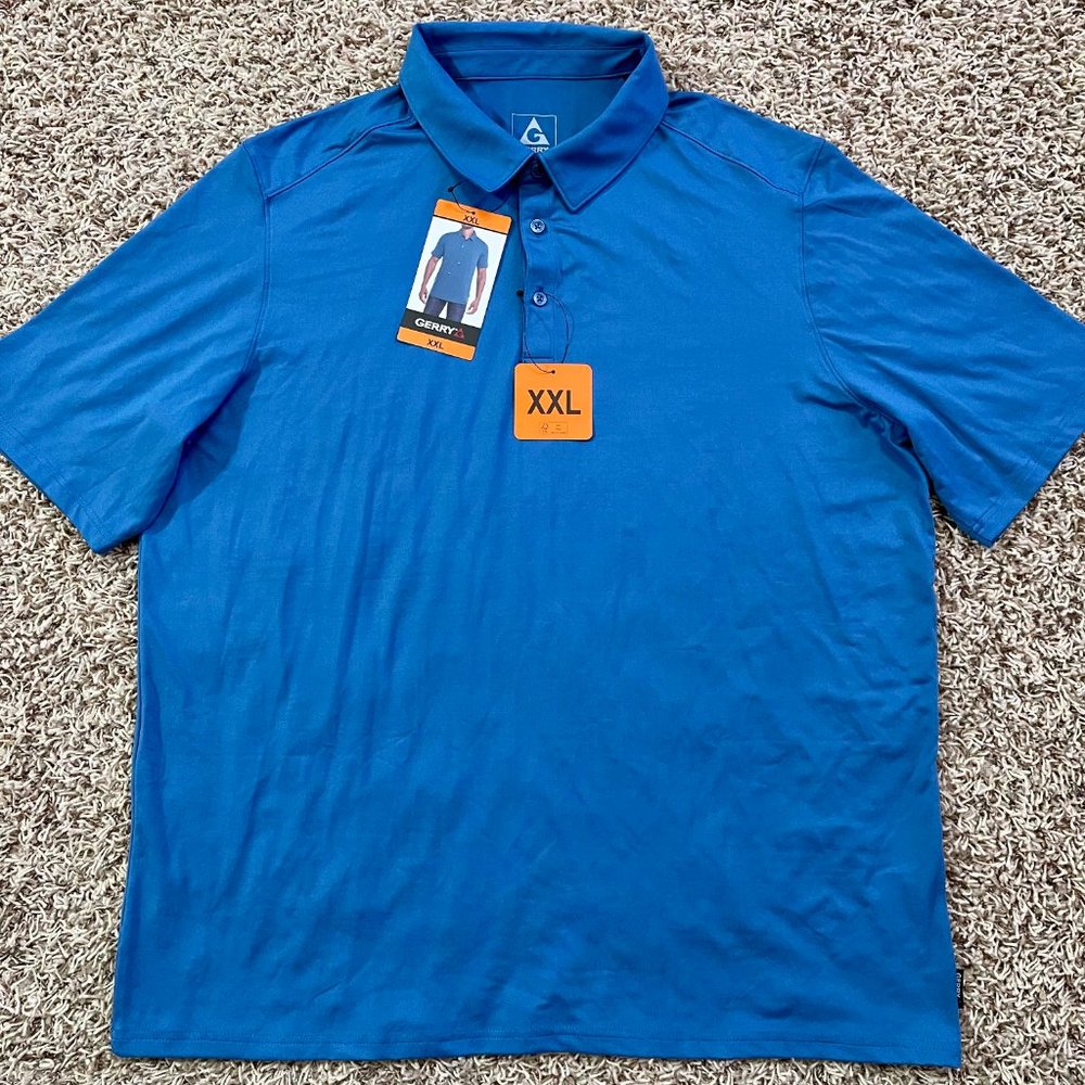 NWT Gerry Men’s Super Soft Stretch UV Protection Polo Shirt Blue, Size XXL (New)